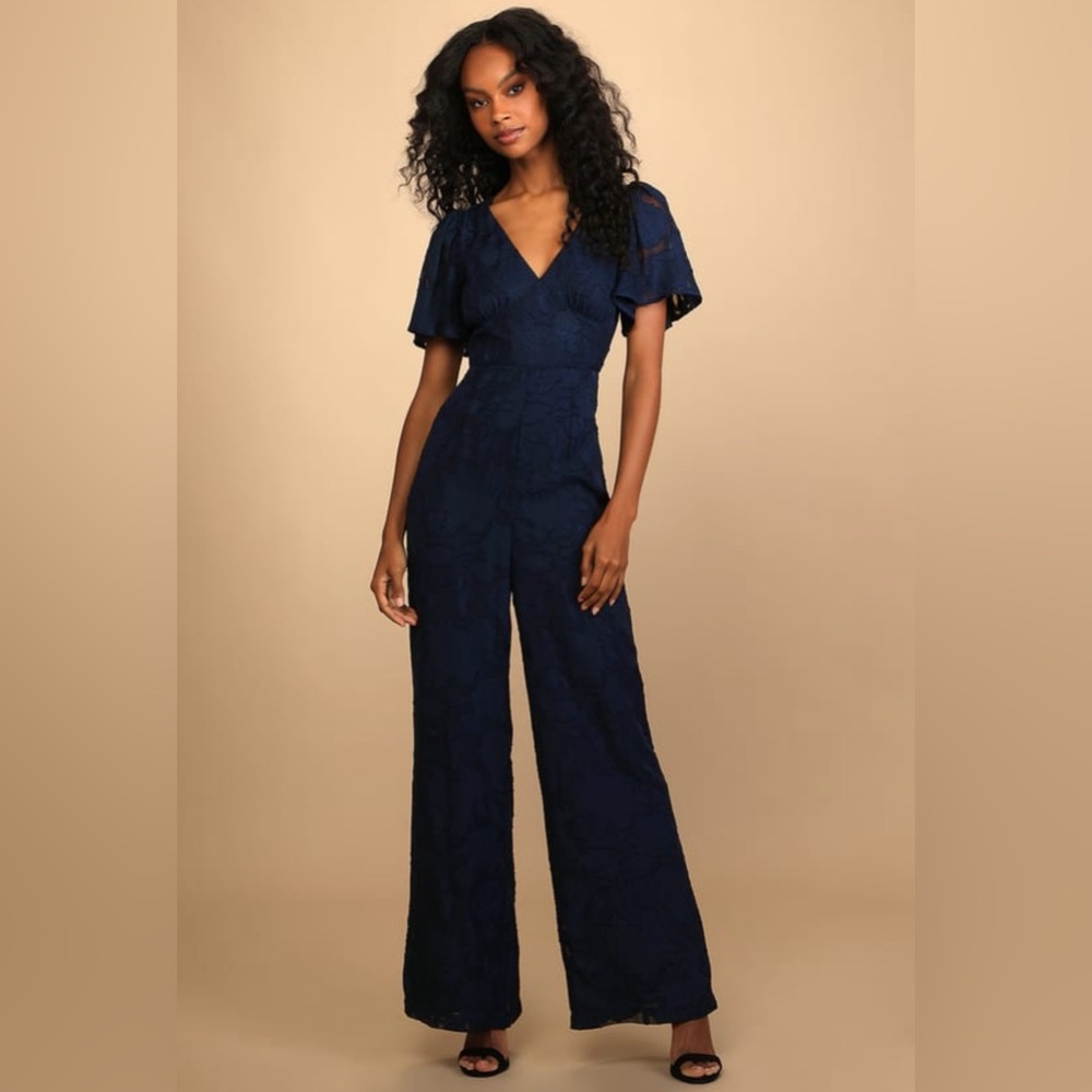 lulus navy blue floral sheer sleeve jumpsuit (size s)